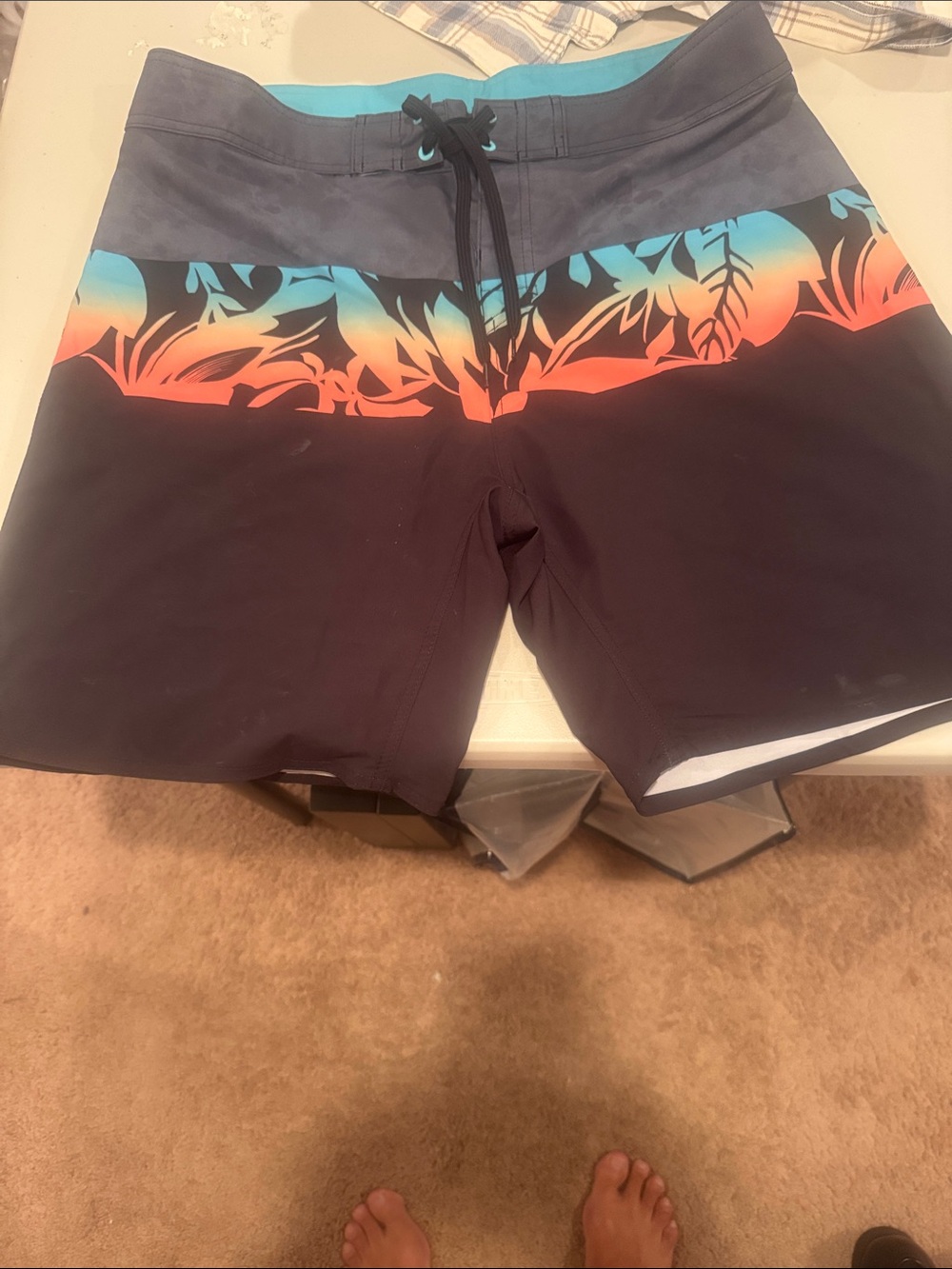 Ron Jon Black Board Shorts with Teal and Coral Leaf Band